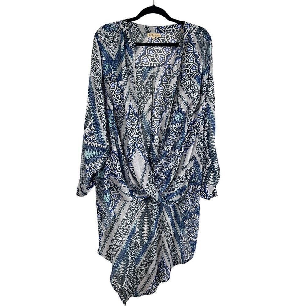 Democracy Top Women 1X Blue Faux Wrap Western Boho Peasant Hippie Hi Lo Aztec 80